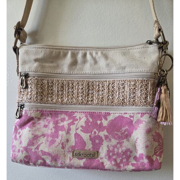 Sakroots Artist Circle Linen Uncoated Canvas Zipper Top Crossbody Rose in Bloom - Picture 1 of 12